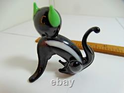Vintage Murano Glass Cat Figurine Black & White Red Nose Green Ears Rare