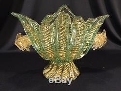 Vintage Murano Glass Compote Green & Gold Flower Leaf Design 9