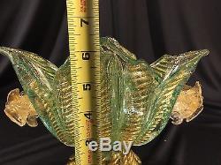 Vintage Murano Glass Compote Green & Gold Flower Leaf Design 9