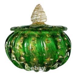 Vintage Murano Glass Cordonato d'Oro Green & Gold Lidded Dresser Box