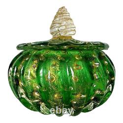 Vintage Murano Glass Cordonato d'Oro Green & Gold Lidded Dresser Box