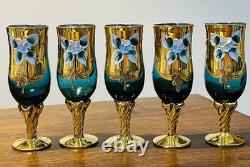 Vintage Murano Glass Decanter & 5 Wine Liquor Glasses 24K Gold Leaf Gorgeous