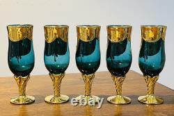 Vintage Murano Glass Decanter & 5 Wine Liquor Glasses 24K Gold Leaf Gorgeous