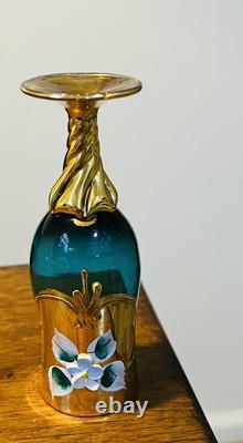 Vintage Murano Glass Decanter & 5 Wine Liquor Glasses 24K Gold Leaf Gorgeous