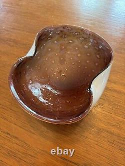 Vintage Murano Glass Dish Bowl Original Label Vienetian Italy Speckle Brown Pink