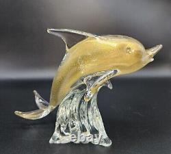 Vintage Murano Glass Dolphin Figurine Adventurine Riding Wave 7.5 Tall