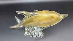 Vintage Murano Glass Dolphin Figurine Adventurine Riding Wave 7.5 Tall