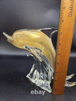 Vintage Murano Glass Dolphin Figurine Adventurine Riding Wave 7.5 Tall