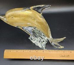 Vintage Murano Glass Dolphin Figurine Adventurine Riding Wave 7.5 Tall