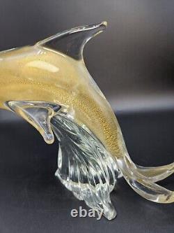 Vintage Murano Glass Dolphin Figurine Adventurine Riding Wave 7.5 Tall