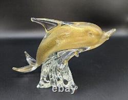 Vintage Murano Glass Dolphin Figurine Adventurine Riding Wave 7.5 Tall