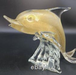 Vintage Murano Glass Dolphin Figurine Adventurine Riding Wave 7.5 Tall