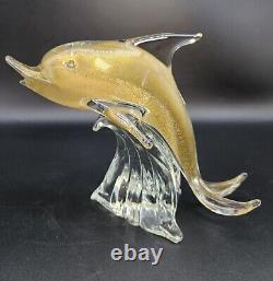 Vintage Murano Glass Dolphin Figurine Adventurine Riding Wave 7.5 Tall