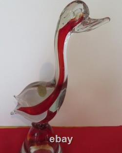 Vintage Murano Glass Duck Clear & Red Handblown bubbles 10.5