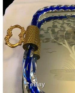 Vintage Murano Glass Etched Mirror Tray Cobalt Rope Sides & Gilt Handles