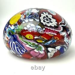 Vintage Murano Glass Floral & Scramble Millefiori Paperweight With Sticker