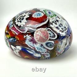 Vintage Murano Glass Floral & Scramble Millefiori Paperweight With Sticker