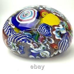 Vintage Murano Glass Floral & Scramble Millefiori Paperweight With Sticker