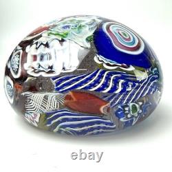 Vintage Murano Glass Floral & Scramble Millefiori Paperweight With Sticker
