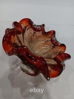 Vintage Murano Glass Flower Centerpiece Bowl Red Orange Italy MCM, Seeded Bubbles