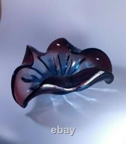 Vintage Murano Glass Flower Shape Bowl Sommerso Style Rich Blue Red Colours