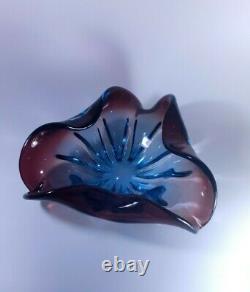 Vintage Murano Glass Flower Shape Bowl Sommerso Style Rich Blue Red Colours