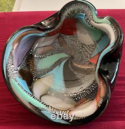 Vintage Murano Glass Folded Mid-century Bowl Black & Multicolor Confetti