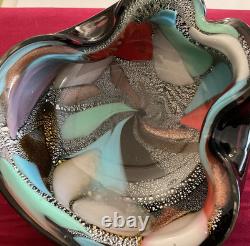 Vintage Murano Glass Folded Mid-century Bowl Black & Multicolor Confetti