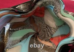 Vintage Murano Glass Folded Mid-century Bowl Black & Multicolor Confetti