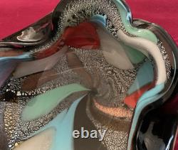 Vintage Murano Glass Folded Mid-century Bowl Black & Multicolor Confetti