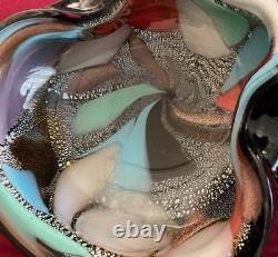 Vintage Murano Glass Folded Mid-century Bowl Black & Multicolor Confetti