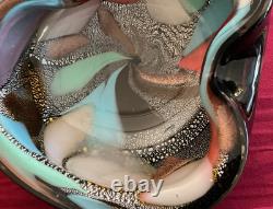 Vintage Murano Glass Folded Mid-century Bowl Black & Multicolor Confetti