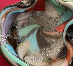 Vintage Murano Glass Folded Mid-century Bowl Black & Multicolor Confetti