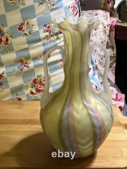 Vintage Murano Glass Fratelli Toso Pink Yellow Blue Herringbone Vase 9 Tall