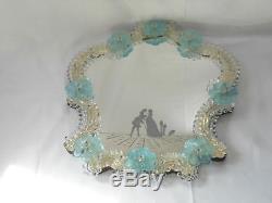 Vintage Murano Glass Italian Decorated And Etched Mirror With Colored Rosettes