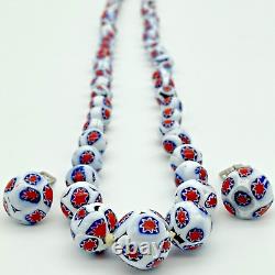 Vintage Murano Glass Italy Graduated Bead Necklace and Earings White, Red, Blue