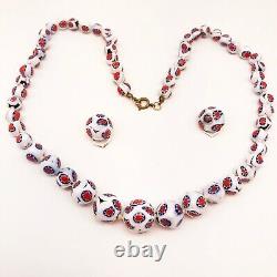 Vintage Murano Glass Italy Graduated Bead Necklace and Earings White, Red, Blue