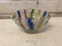 Vintage Murano Glass Italy Latticino Multicolored Ruffled Bowl