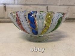 Vintage Murano Glass Italy Latticino Multicolored Ruffled Bowl