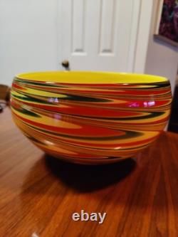 Vintage Murano Glass Large Bowl Rasta Yellow Green Red Swirl Design