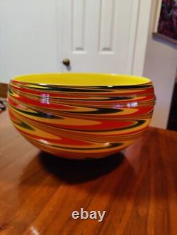 Vintage Murano Glass Large Bowl Rasta Yellow Green Red Swirl Design