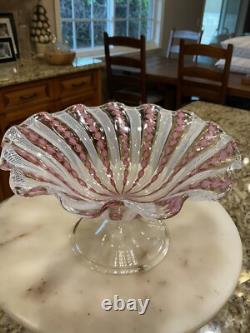 Vintage Murano Glass Latticino Zanfirico Footed Bowl Pink, White, Copper