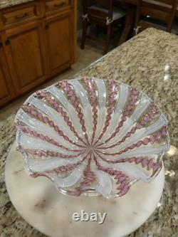 Vintage Murano Glass Latticino Zanfirico Footed Bowl Pink, White, Copper