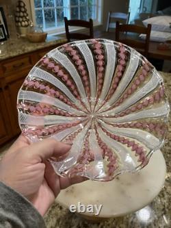 Vintage Murano Glass Latticino Zanfirico Footed Bowl Pink, White, Copper