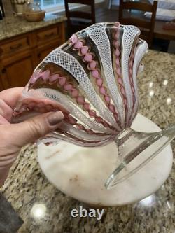 Vintage Murano Glass Latticino Zanfirico Footed Bowl Pink, White, Copper