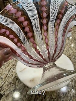 Vintage Murano Glass Latticino Zanfirico Footed Bowl Pink, White, Copper