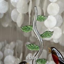 Vintage Murano Glass Love Birds on Branch Robin Figurine Hand Blown Italy Art