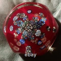 Vintage Murano Glass Millefiori Paperweight Red & Multicolor with Clear Overlay