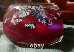 Vintage Murano Glass Millefiori Paperweight Red & Multicolor with Clear Overlay