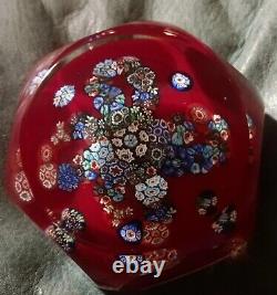 Vintage Murano Glass Millefiori Paperweight Red & Multicolor with Clear Overlay